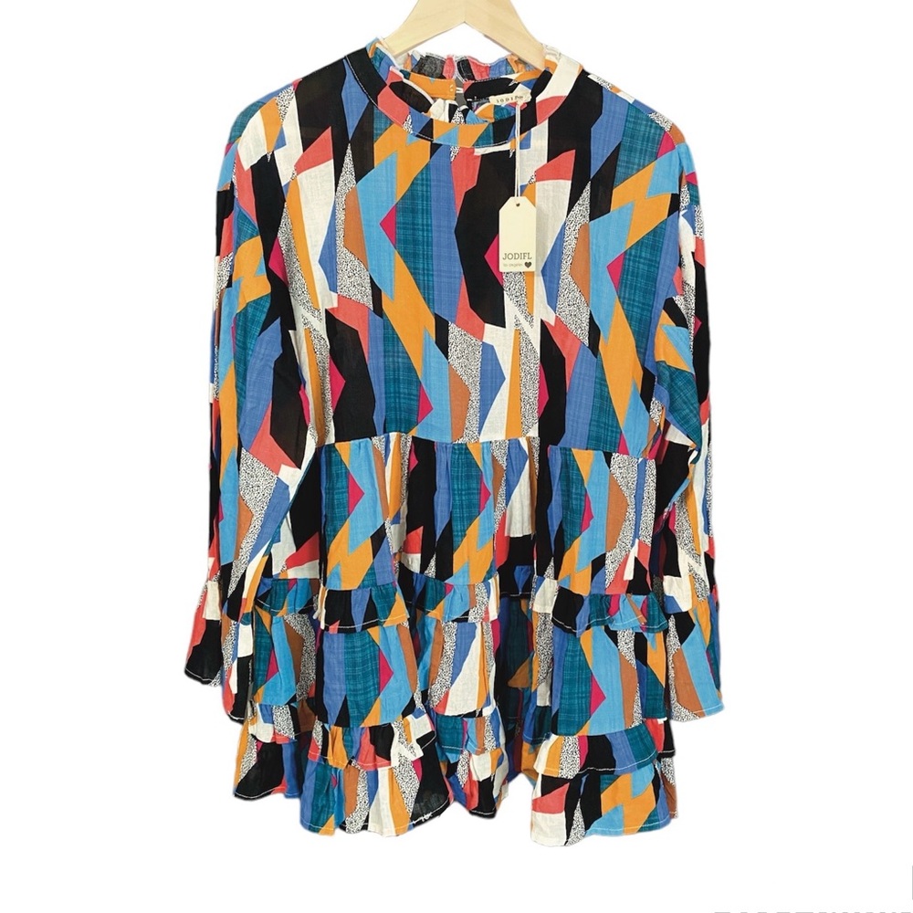 NWT Jodifl Colorblock Ruffled Long Sleeve Tunic Top Blouse Shirt Blue Black Red